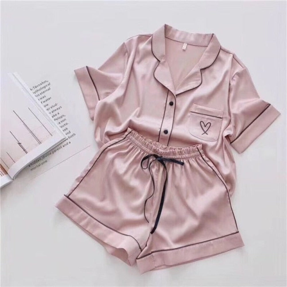 Heart Short Sleeve Silk Satin Pajama Set (4 Colors) M-XL