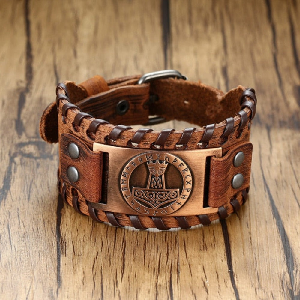 Viking Hammer Rune Compass Leather Wrap Bracelet (10 Styles)