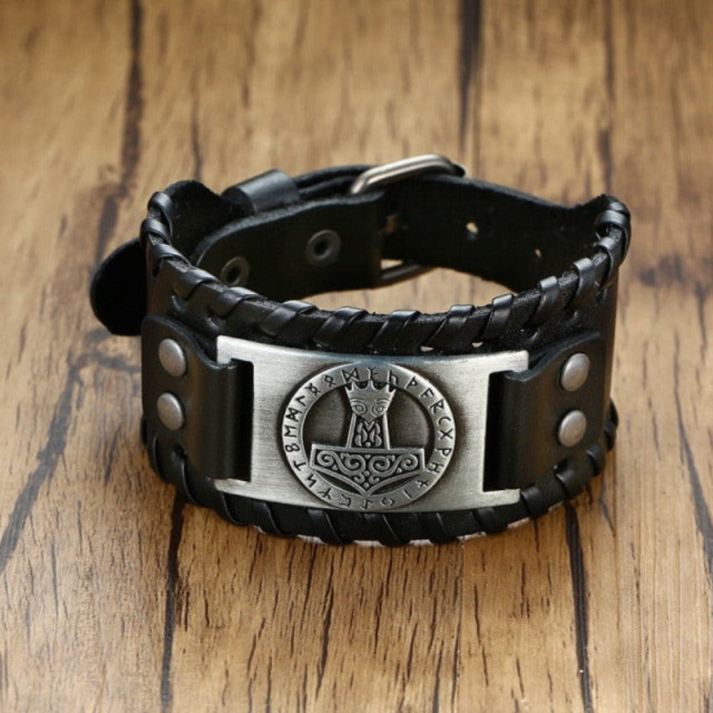 Viking Hammer Rune Compass Leather Wrap Bracelet (10 Styles)