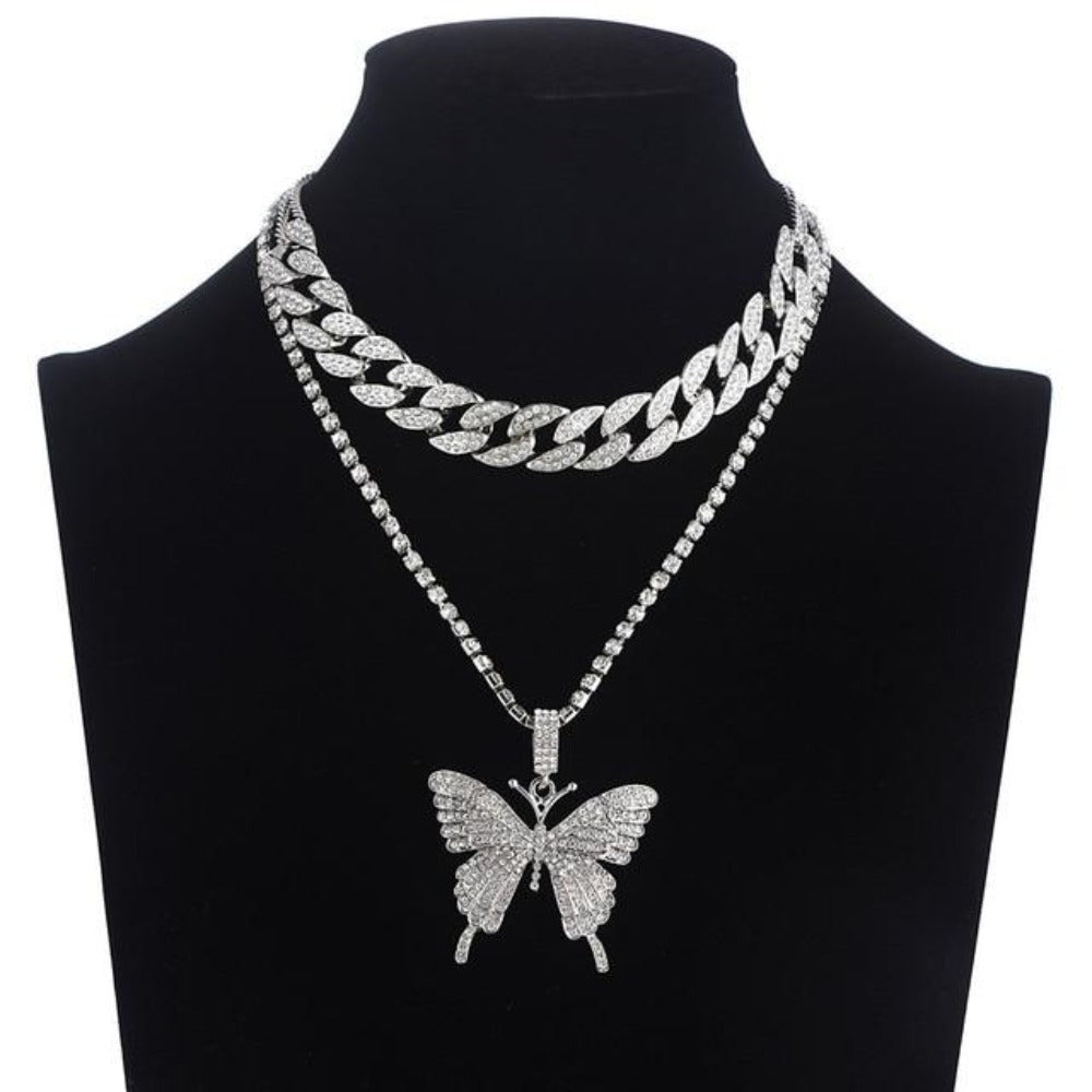 Double Iced Butterfly Pendant Necklace Cuban Chain (9 Colors) Cubic Zirconia