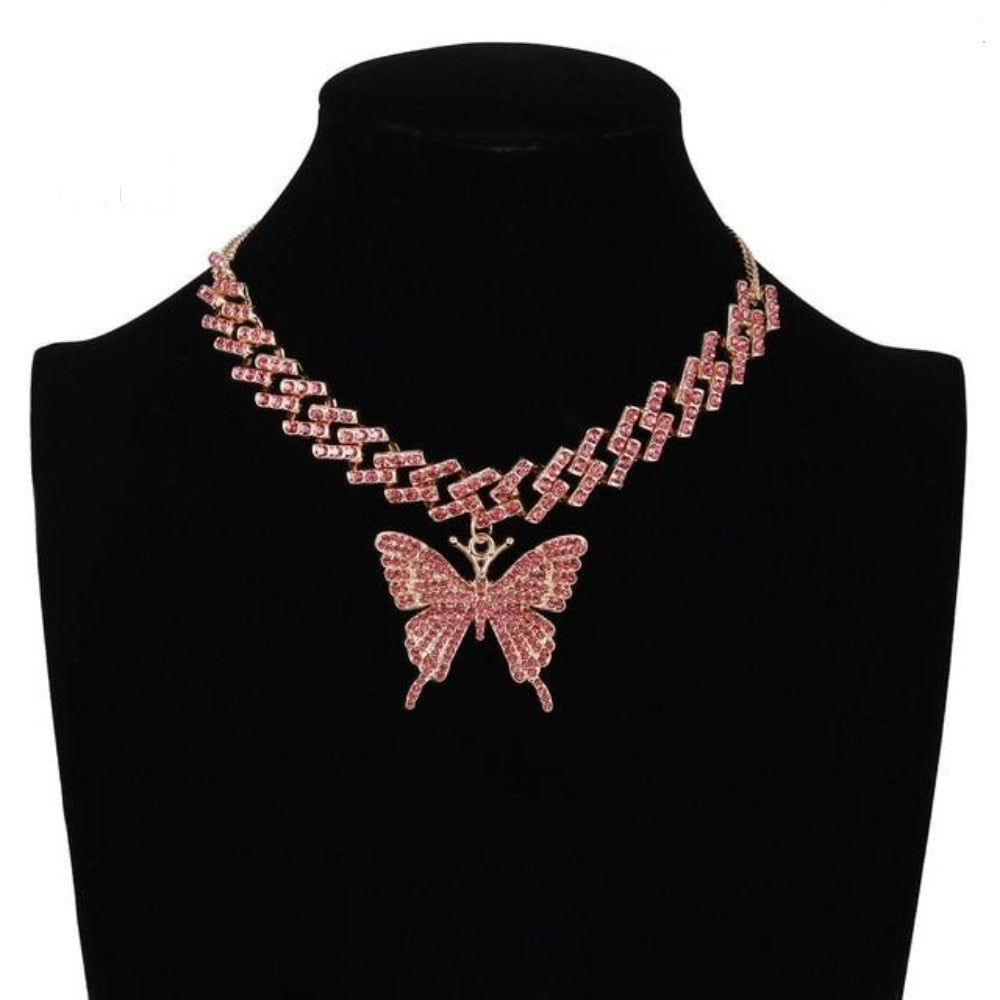 Double Iced Butterfly Pendant Necklace Cuban Chain (9 Colors) Cubic Zirconia