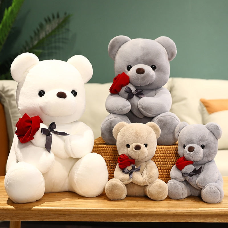 Teddy Bear w/Rose Pillow Plush 3D Stuffed Animal (3 Colors) 3 Sizes