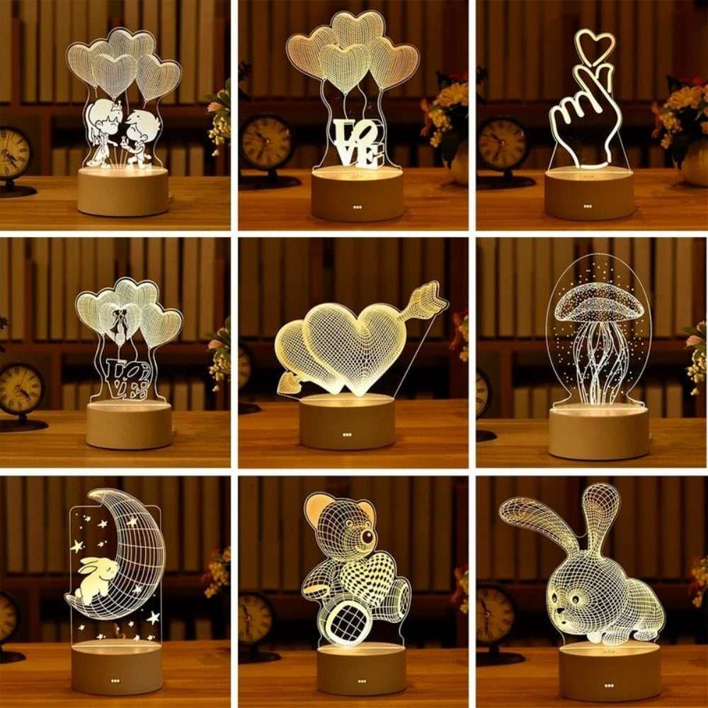 3D Heart Night Light Acrylic Led Table Lamp (23 Designs)