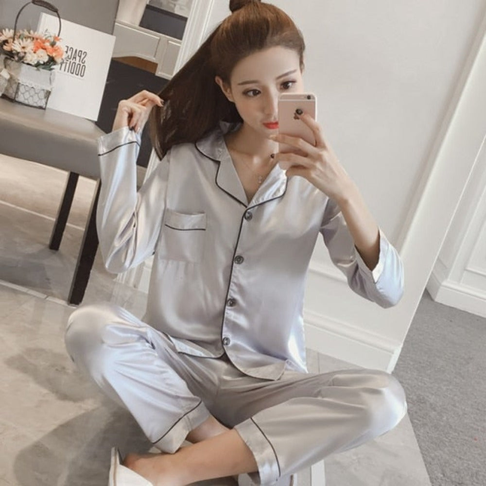 Silk Satin Long Sleeve Pajamas Shorts Button Set Nightwear (16 Designs) M-5XL
