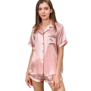 Silk Satin Long Sleeve Pajamas Shorts Button Set Nightwear (16 Designs) M-5XL
