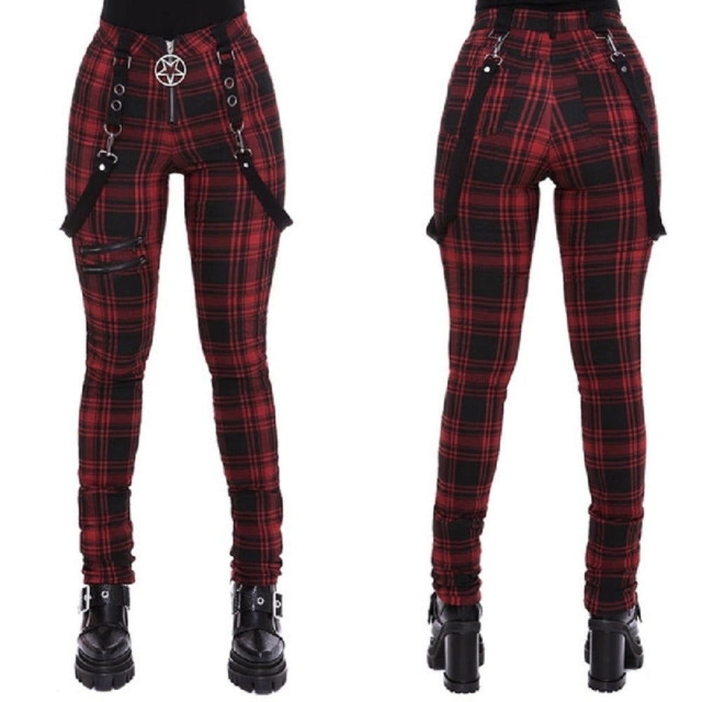 Renaissance Gothic Plaid Pants High Waist Zipper Festival Streetwear Punk Best Gift Shoppers Red