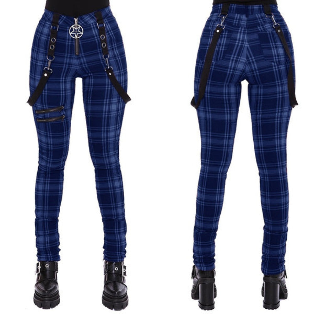 Renaissance Gothic Plaid Pants High Waist Zipper Festival Streetwear Punk Best Gift Shoppers Blue