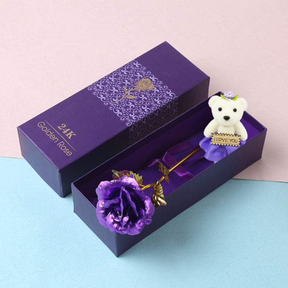 24k "Galaxy" Gold Rose Love With Display Stand and Bear (8 Colors)
