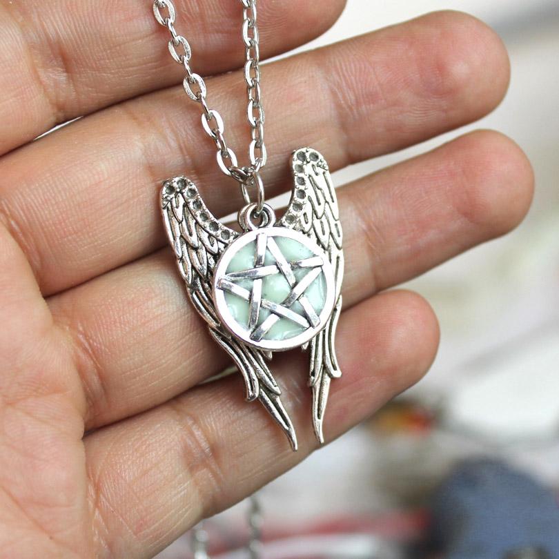 Glow in the Dark Angel Wings Pentacle Necklace