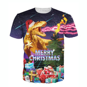 Merry Christmas T-Rex Santa All Over Print T-Shirt