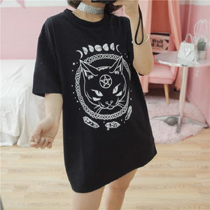 Black Cat Pentagram Witch & Moon T-Shirt