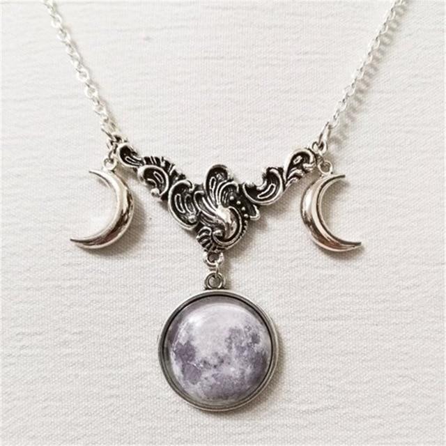 Triple Lunar Goddess Full Moon Pendant Necklace (20 Variants)