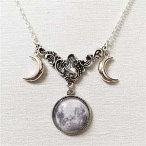 Triple Lunar Goddess Full Moon Pendant Necklace (20 Variants)