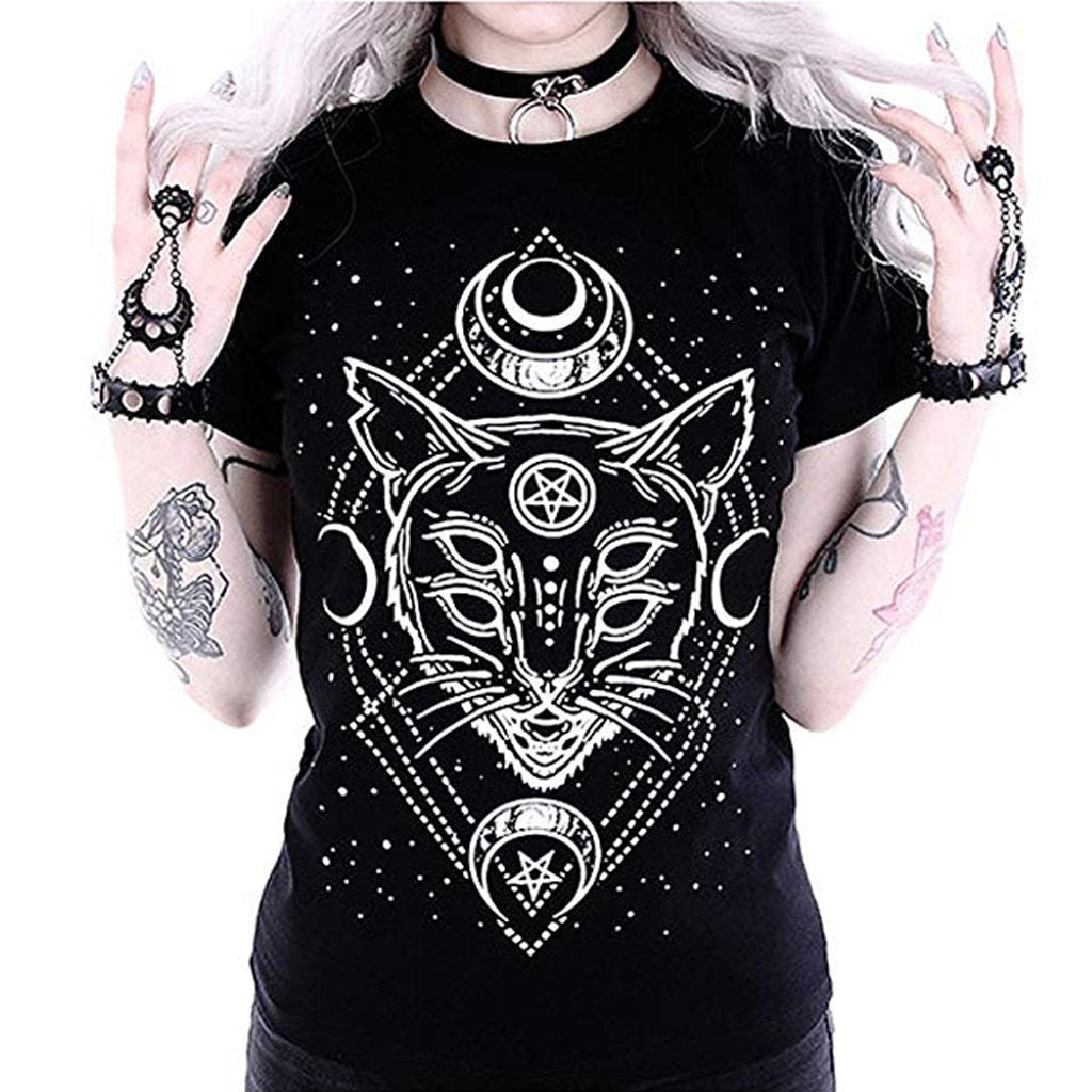 Black Cat Pentagram Universe Moon T-Shirt