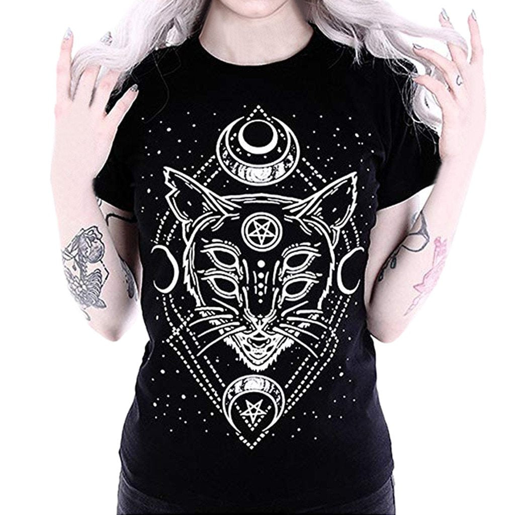 Black Cat Pentagram Universe Moon T-Shirt